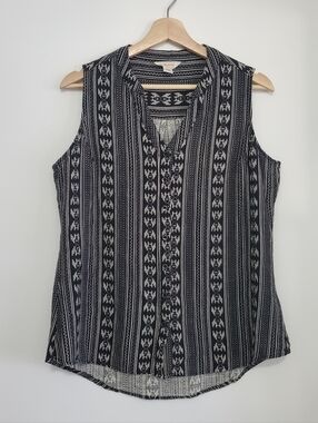 Weatherproof Linen Medium Top Boho Western stripes Shirt Black Sleeveless blouse